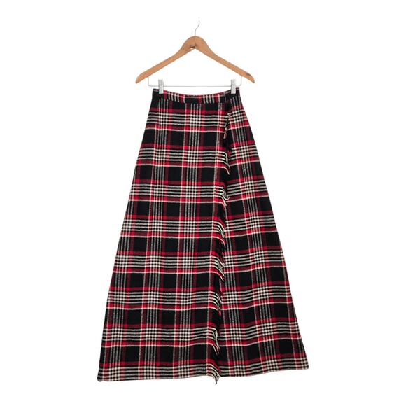 VTG Emily M Plaid Maxi Wrap Skirt Sz S* Red Black Ivory Preppy Academia READ - Picture 1 of 13